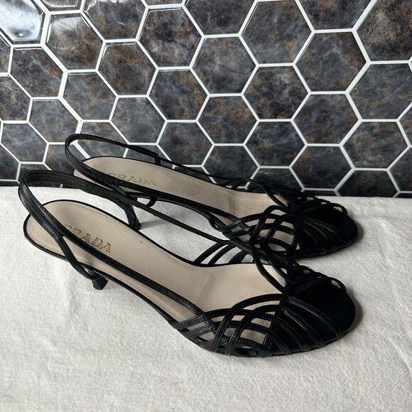 Prada Cuoio Strappy Slingback Kitten Heel Open Toe Size 39.5 Black *READ - Picture 2 of 12